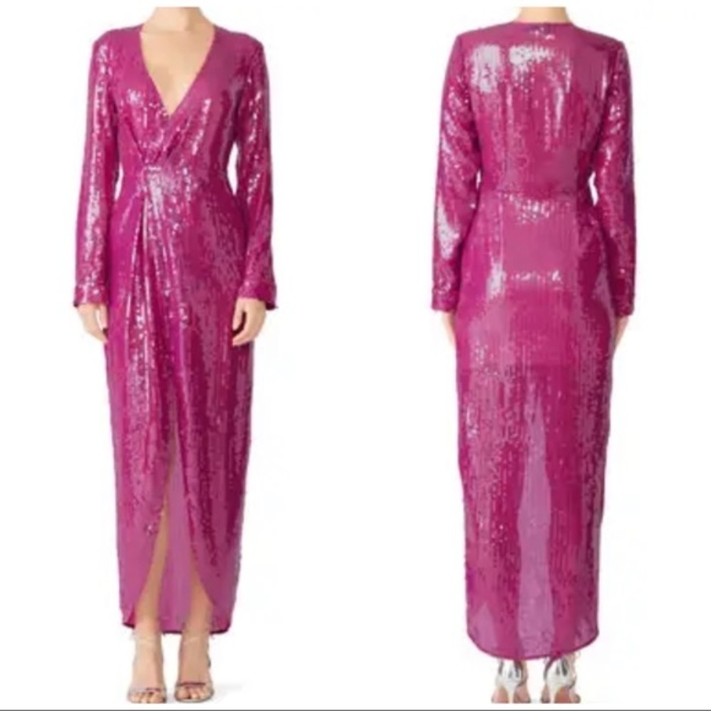 💛 Fleur Du Mal Designer Prom Pink Sequin Wrap Gown With Slit And Long Sleeves - Picture 3 of 15